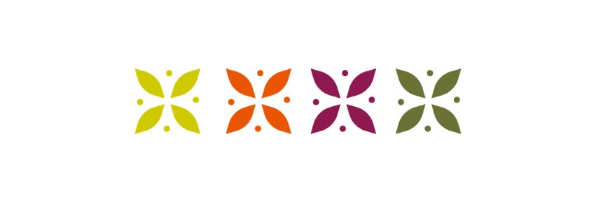 Decorative geometric flower elements in a row from left to right yellow green. orange, burgundy, and olive green colors